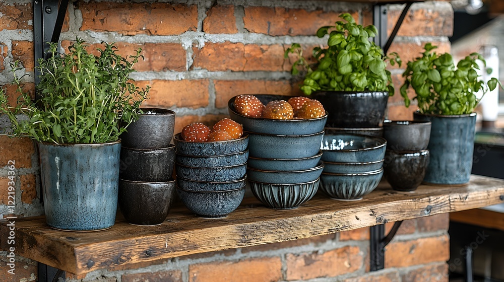 Rustic kitchen shelf, herbs, bowls, fruit, brick wall Rustic kitchen shelf, herbs, bowls, fruit, brick wall