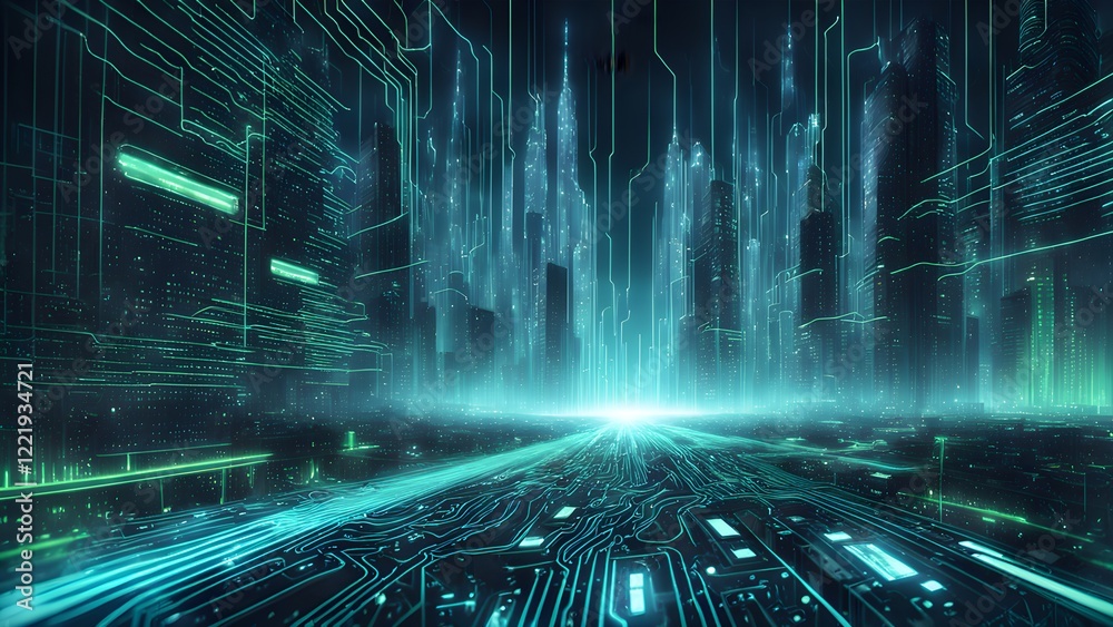 Naklejka premium Futuristic cityscape illuminated by glowing circuit board pathways, representing digital technology and urban innovation.