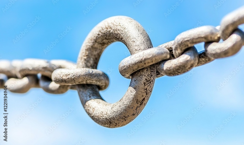 Metal chain link connection against blue sky, ideal for strength or security concepts Metal chain link connection against blue sky, ideal for strength or security concepts