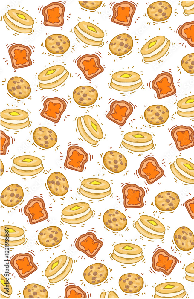 Delicious pancakes and bread with jam and chocolate biscuits pattern Delicious pancakes and bread with jam and chocolate biscuits pattern