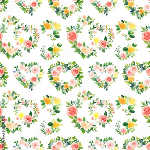 Wallpaper Mural Floral pattern with heart shapes featuring roses and wildflowers on a white background Torontodigital.ca