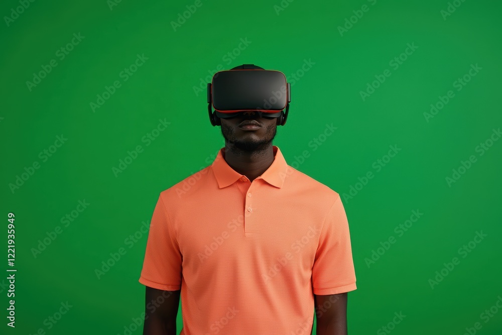 Man Wearing Virtual Reality Headset Against Green Screen Background Man Wearing Virtual Reality Headset Against Green Screen Background