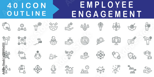 Employee Engagement icon set collection. Consist of Communication, Conflict resolution, Thinking, Health, Mentorship, Resilience, Job position. Simple vector outline illustration.