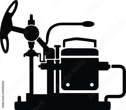 A Black Silhouette of a Vintage Mechanical Device Featuring a Handwheel Valve System and Connected Components