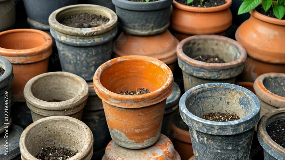 Collection of various clay and plastic pots arranged in a garden shed ready for planting Collection of various clay and plastic pots arranged in a garden shed ready for planting
