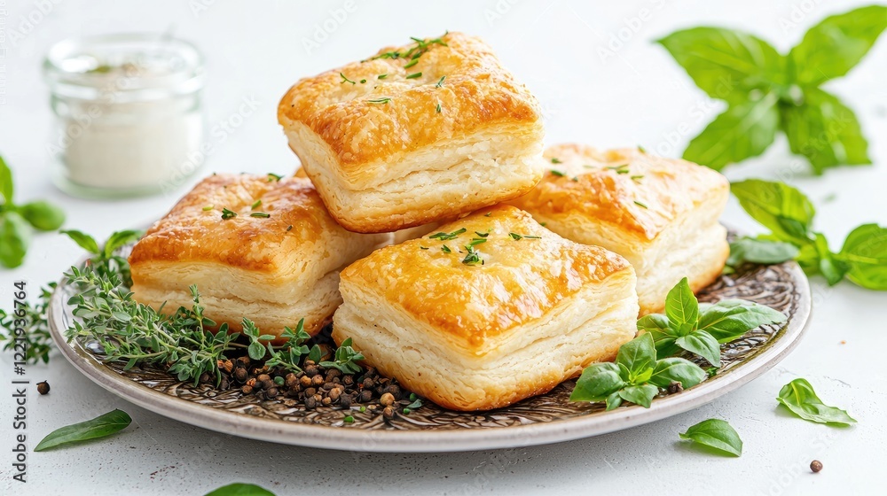Golden puff pastries on a plate with herbs. Food photography for recipe blogs Golden puff pastries on a plate with herbs. Food photography for recipe blogs