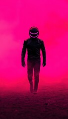 Leinwandbilder Rosa Pixelated Figure in Neon Pink Fog A Retrofuturistic Scene  © Satisgitfied