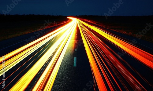 Night highway traffic light trails, long exposure, dark rural scene