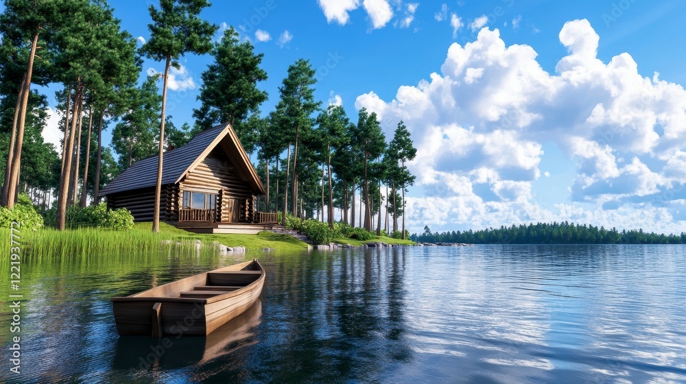 Serene Lakeside Cabin Surrounded by Lush Trees and Blue Sky Serene Lakeside Cabin Surrounded by Lush Trees and Blue Sky