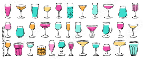 Drinks and cocktails icons vector modern concept set. Hand drawn doodle beverages in glasses  for logo design, banners, poster design, greeting cards, bar menu, wedding invitations