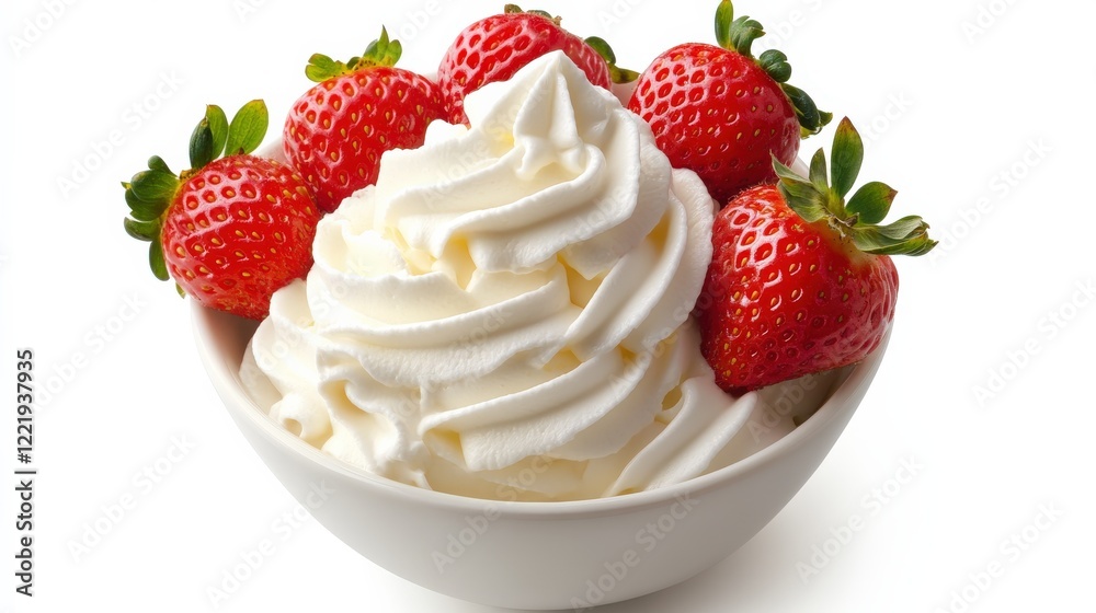 Fresh Strawberries with Whipped Cream on White Background Fresh Strawberries with Whipped Cream on White Background