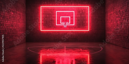 Red Neon Basketball Hoop In A Dark Brick Room