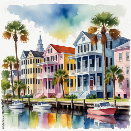 watercolor illustration of Charleston, South Carolina, showcasing its historic waterfront.