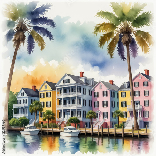 watercolor illustration of Charleston, South Carolina, showcasing its historic waterfront.