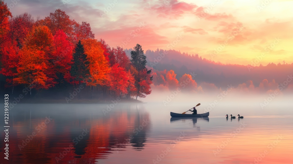 Serene Autumn Kayaking at Sunrise on a Misty Lake Serene Autumn Kayaking at Sunrise on a Misty Lake