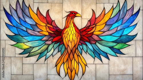 Vibrant Stained Glass Phoenix Artwork with Colorful Feather Design