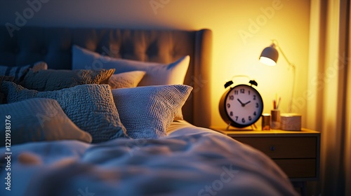 Serene bedroom with cozy bed, soft pillows, and dim lighting. Nightstand clock shows late hour, highlighting the importance of good sleep habits in a quiet room.