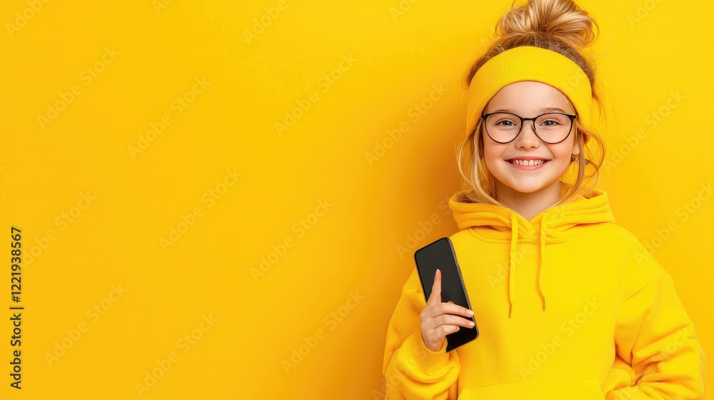 Happy girl with phone, yellow background, lifestyle, website banner Happy girl with phone, yellow background, lifestyle, website banner