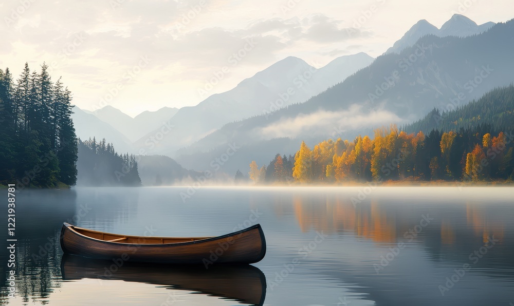 Serene Autumn Landscape Canoe on Misty Lake Surrounded by Mountains Serene Autumn Landscape Canoe on Misty Lake Surrounded by Mountains