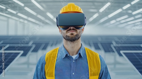 A worker uses virtual reality goggles to enhance interaction with solar panels in a clean energy facility, showcasing innovation in green technology.