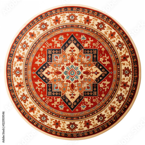 Round Red and Beige Oriental Rug Circular Carpet Persian Style Mandala Design
