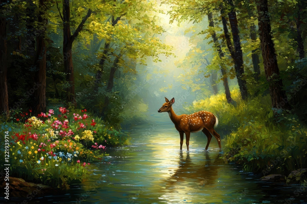 Serene Deer in a Sunlit Forest Stream Serene Deer in a Sunlit Forest Stream