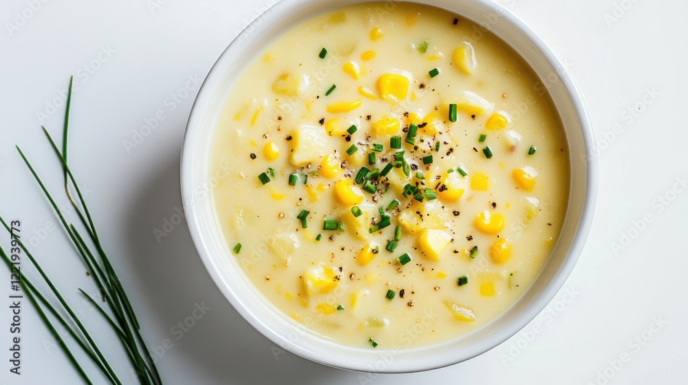 A bowl of creamy corn chowder with chunks of potato and a sprinkle of chives, Centered in a minimalist white bowl, Overhead view with soft ambient light A bowl of creamy corn chowder with chunks of potato and a sprinkle of chives, Centered in a minimalist white bowl, Overhead view with soft ambient light