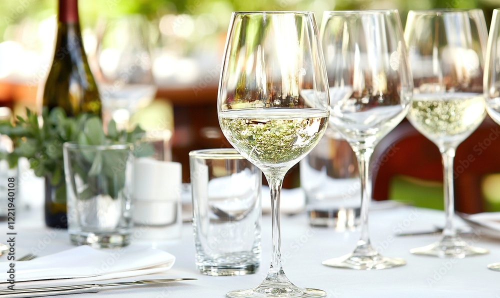 Outdoor dining table setup with wine glasses, bottle, and blurred garden background Outdoor dining table setup with wine glasses, bottle, and blurred garden background