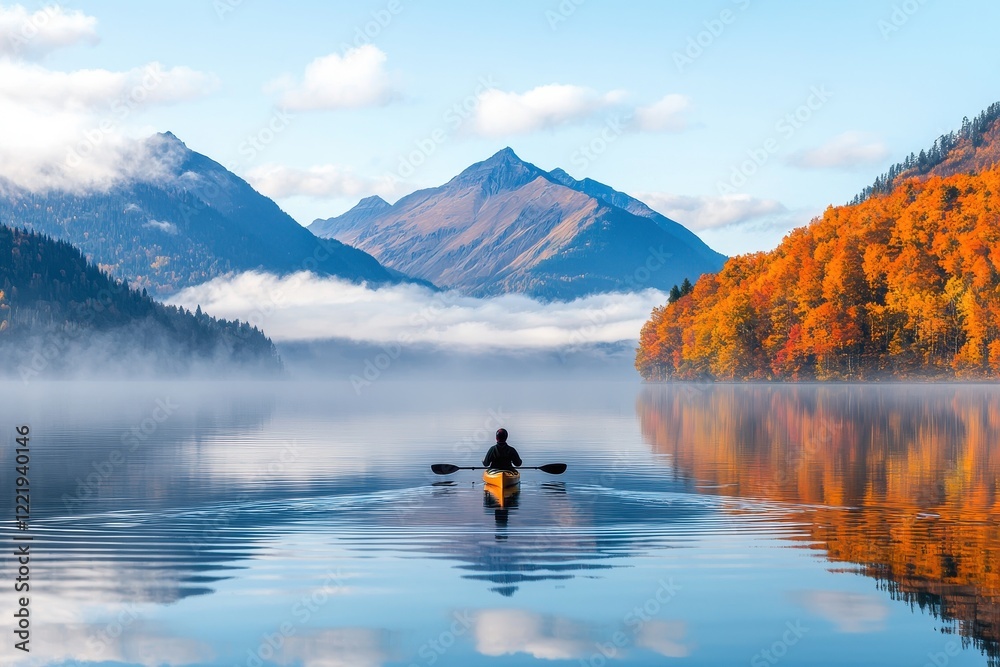 Serene Kayaking on a Misty Autumn Lake Surrounded by Colorful Mountains Serene Kayaking on a Misty Autumn Lake Surrounded by Colorful Mountains