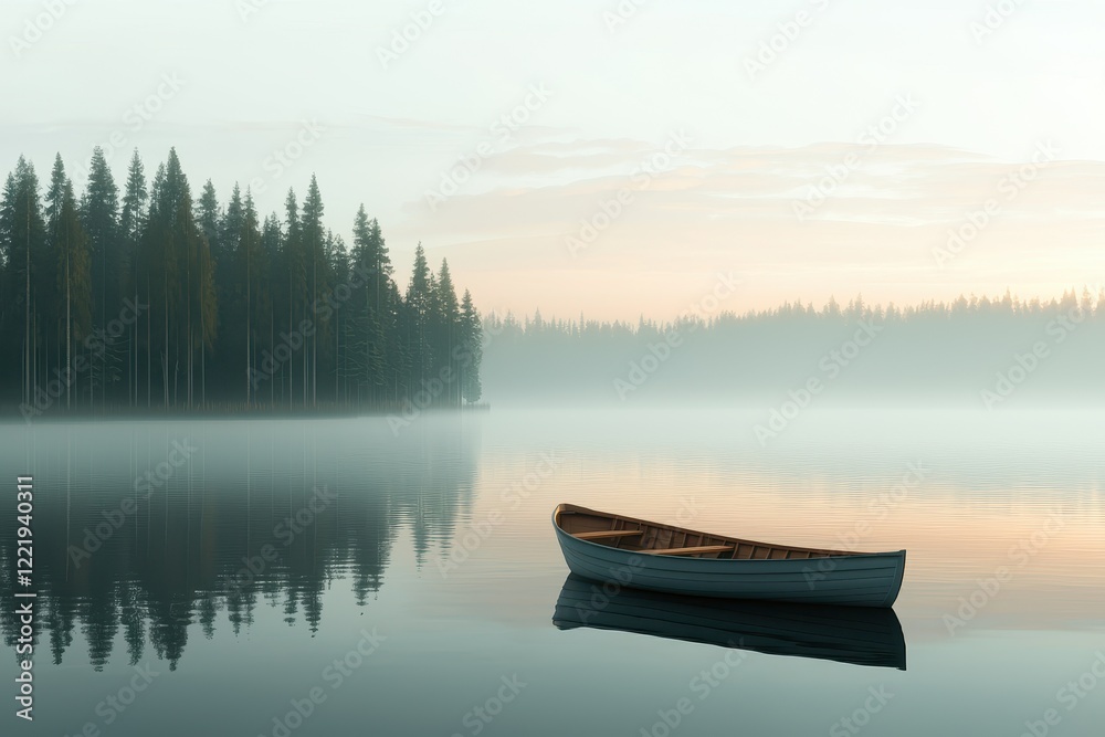 Serene Lake at Sunrise with Misty Fog and Rowboat Serene Lake at Sunrise with Misty Fog and Rowboat