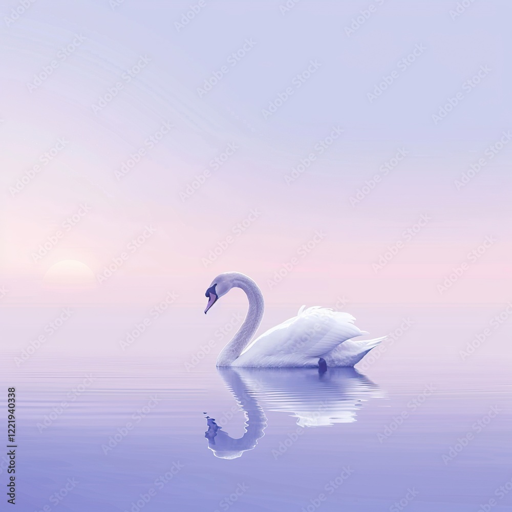 Fototapeta premium Serene swan on calm water at sunrise.