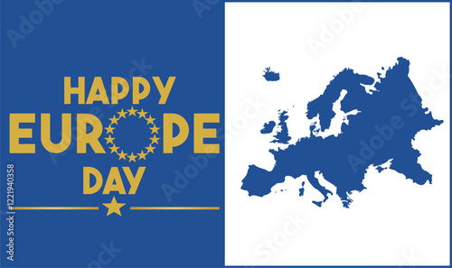 Europe Day Background with Map Silhouette and Europe Star Logo. Annual public holiday in May. It is the name of two annual commemorations - 5 May by the Council of Europe and 9 May by the European Uni