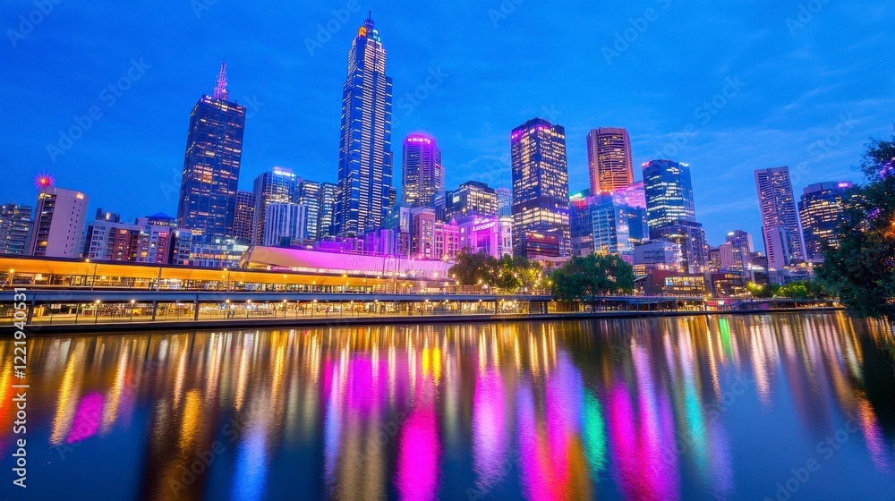 Obraz premium Stunning Night Skyline of Melbourne with Colorful Reflections