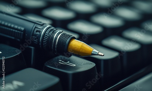 Pen on keyboard, close-up, dark background, for business or writing concepts