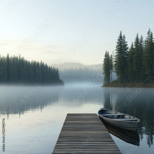Serene Lakeside Dawn Misty Morning with a Wooden Boat at the Dock
