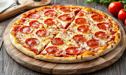 Pepperoni pizza on wooden board, sliced, kitchen table, ready to eat