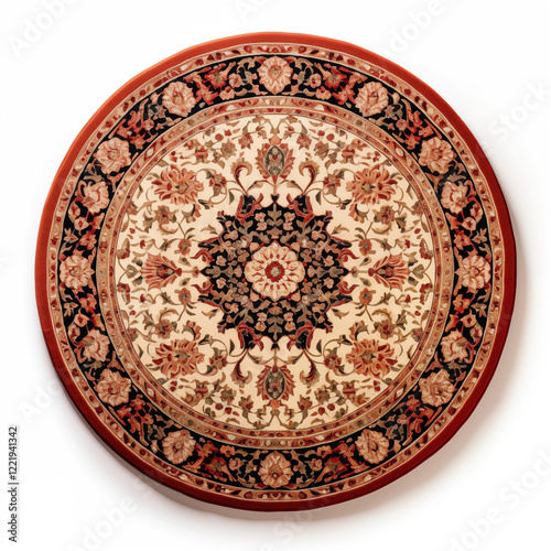 Round Oriental Rug Red Border Floral Medallion Cream Background Persian Style Carpet