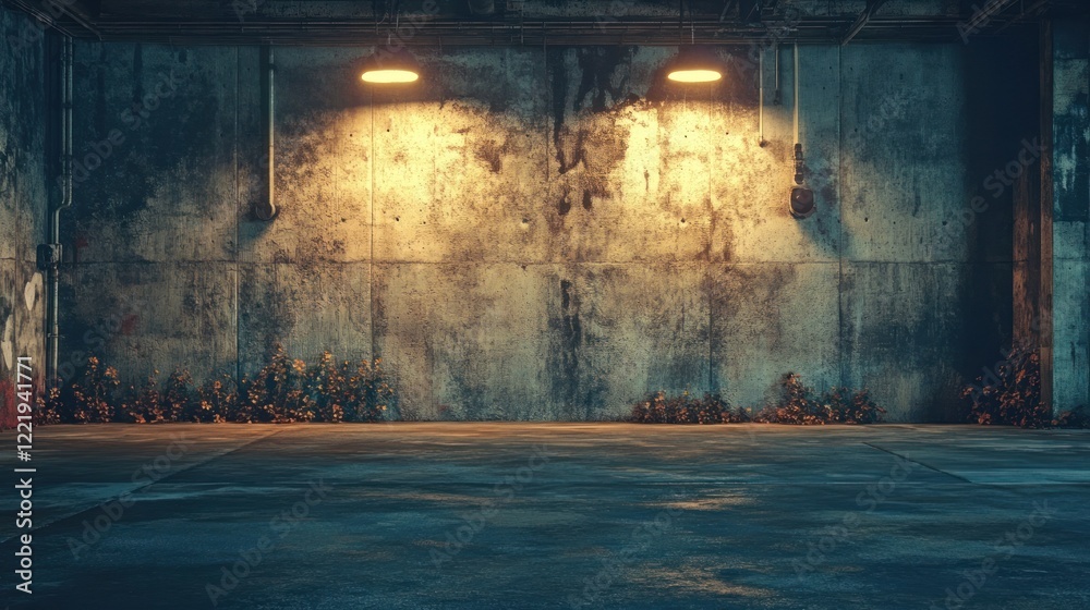 Fototapeta premium Grungy dark and moody abandoned concrete interior with dramatic lighting and shadows creating an atmospheric and intriguing industrial urban scene or set The textured and deteriorated walls floor