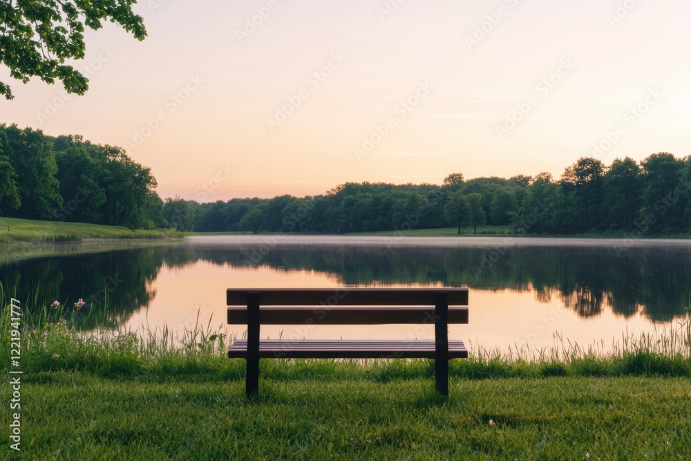 Serene Sunrise over a Calm Lake with a Bench Serene Sunrise over a Calm Lake with a Bench