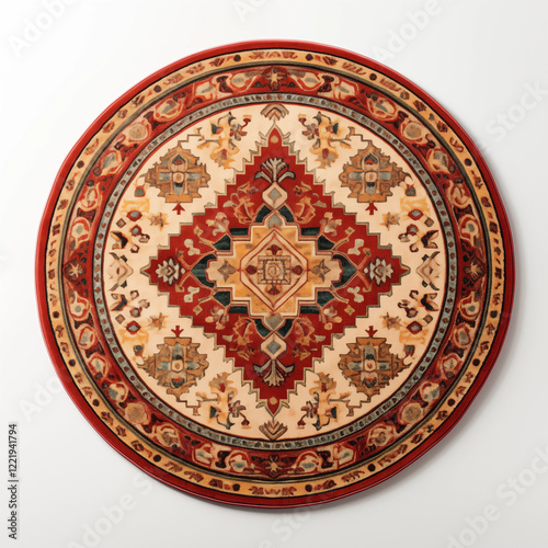 Round Red and Beige Oriental Rug Medallion Pattern Carpet Texture