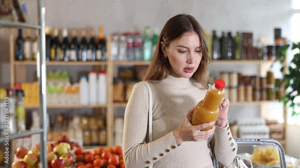 Girl looking at peach juice in store. Market visitor choose consider bottle fruit drink. Buyer pick up set of groceries for week Girl looking at peach juice in store. Market visitor choose consider bottle fruit drink. Buyer pick up set of groceries for week