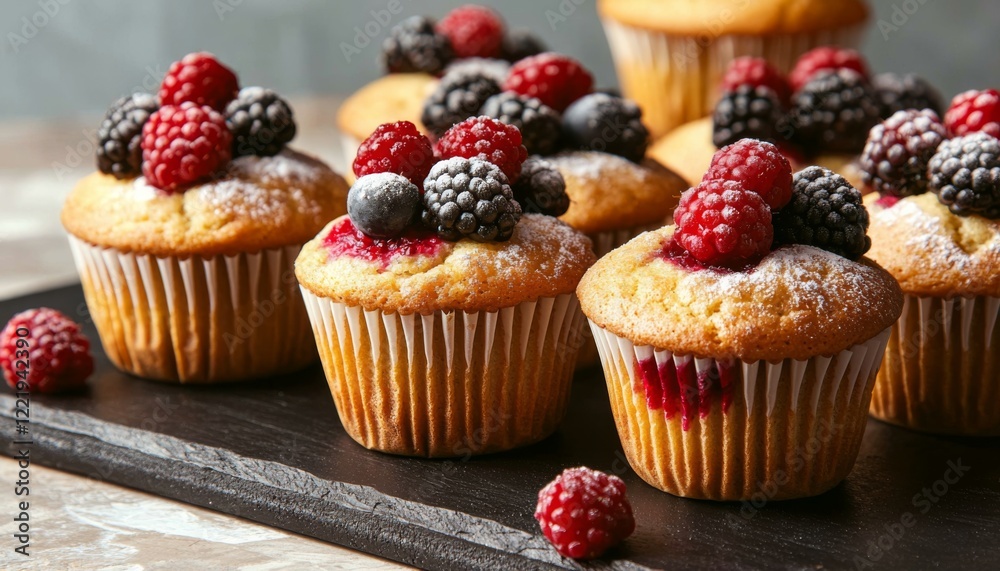 Arrangement of colorfull cupcake topped with raspberry and blackberry