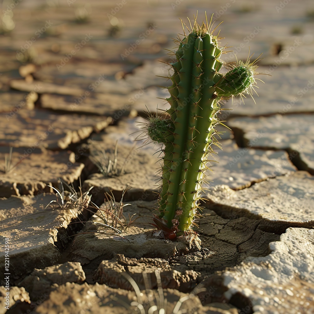 Naklejka premium Single cactus growing in cracked desert soil.