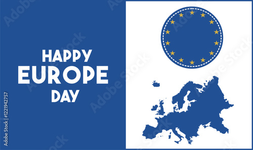 Europe Day Background with Map Silhouette and Europe Star Logo. Annual public holiday in May. It is the name of two annual commemorations - 5 May by the Council of Europe and 9 May by the European Uni