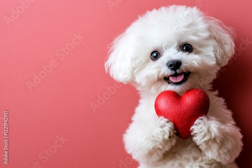 Promotion visual idea. Cute bichon frise pup with fluffy red heart - emblem of love, funny greeting card. Bichon frise - my preferred dog. Pet love and friendship. Valentine's day pet themes. photo