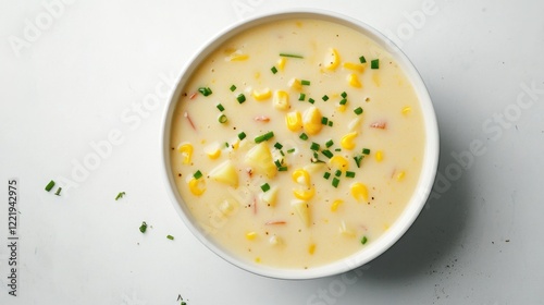 A bowl of creamy corn chowder with chunks of potato and a sprinkle of chives, Centered in a minimalist white bowl, Overhead view with soft ambient light