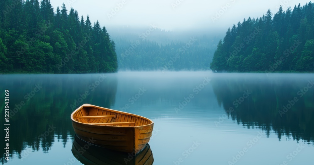 Obraz premium Serene Wooden Rowboat on a Misty Lake Surrounded by Lush Forest