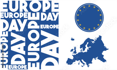 Europe Day Background with Map Silhouette and Europe Star Logo. Annual public holiday in May. It is the name of two annual commemorations - 5 May by the Council of Europe and 9 May by the European Uni