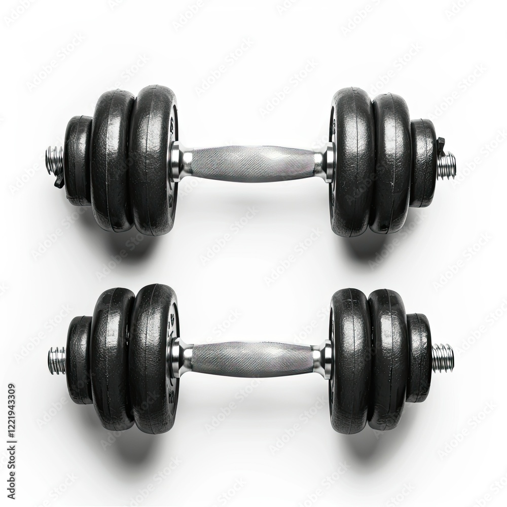 Fototapeta premium Two black dumbbells with a silver handle, used for strength training and fitness exercises. isolated on white background