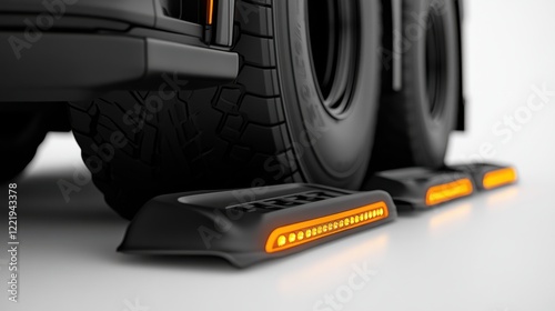 Close-up view of heavy-duty truck tires resting on illuminated speed bumps in an industrial setting photo